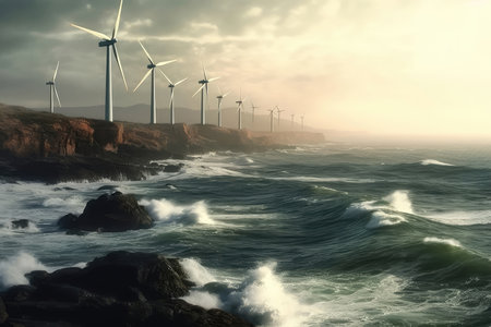 Wind Turbines On Coastal Landscape, Harnessipng Sea Breezesの素材