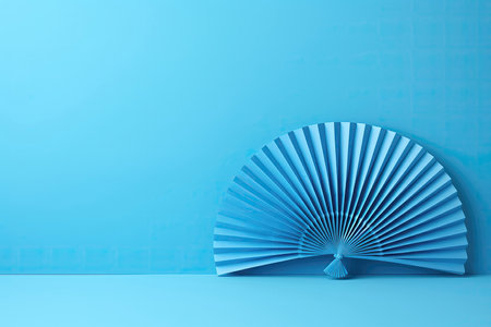Oriental Paper Fans On Blue Table Minimal Asian Style, Empty Spaceの素材