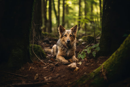 Dirty Frightened Mongrel Dog Sitting In The Woods Under Bush. Dog Lost In The Park In The Woodsの素材