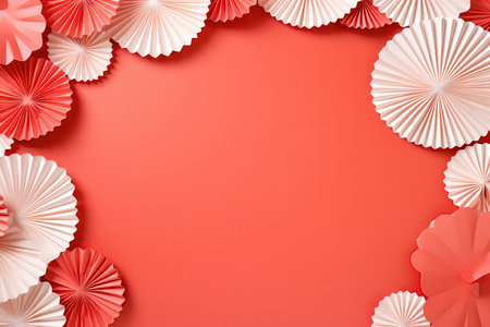 Frame Of Paper Fans On Coral Color Background, Empty Spaceの素材