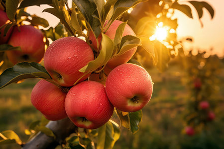 Closeup Photo Of Ripe Apples In Orchard, Ready To Harvest, At Dawnの素材