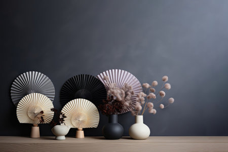 Oriental Paper Fans On Gray Table Minimal Asian Style, Empty Spaceの素材