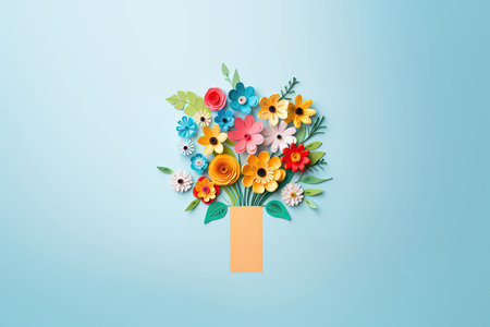 Mothers Day Postcard Layout Features Bouquet Of Flowers Made From Colored Cardboard, Crafted By Children, Empty Spaceの素材
