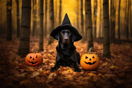 Labrador Dog In Black Witch Hat Sits In The Autumn Woods Next To Pumpkin On Halloweenの素材