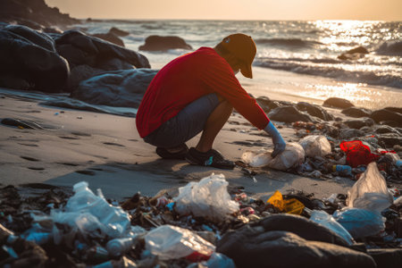 Earth Day Individual Cleaning Up Plastic On The Beachの素材