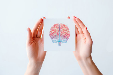 Womans Hands Holding Sticker With Picture Of Brain On White Backgroundの素材