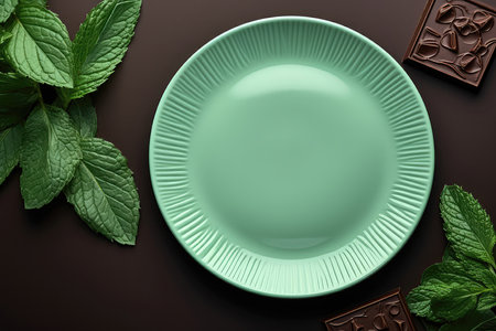 Mint Green Monochrome Plate On Chocolate Background, Top Viewの素材