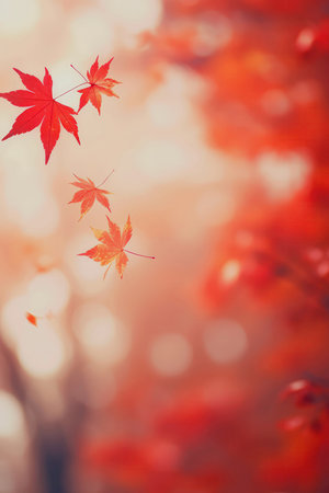 Red Maple Leaves Flying In The Wind On Autumn Defocused Background. Black Friday Sale, Price Cuts, Mockupの素材