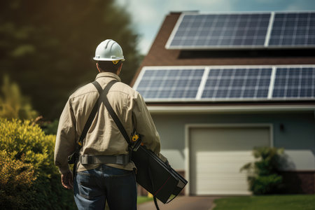 Employee Carrying Solar Panel In Front Of House, Rear Viewの素材