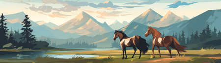 Pair Of Horses Grazing Peacefully In Tranquil Countryside. Panoramic Banner Illustrationの素材
