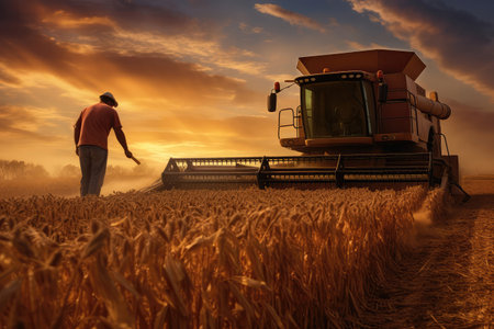 Farmer Harvesting Ripe Crops, Such As Wheat, Corn, And Soybeans, With Combine Harvesterの素材