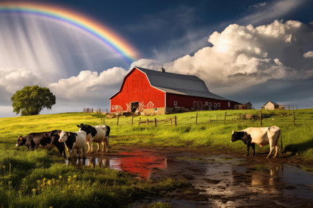Idyllic Farm Scene With Red Barn And Grazing Cows Under Rainbowの素材