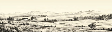 Engraved Illustration Of Rural Panoramic Landscape With Farm. Panoramic bannerの素材