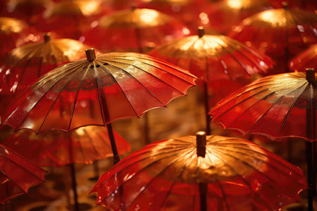 Decorative Red And Gold Umbrellas Representing Protection And Blessings Chinese New Yearの素材