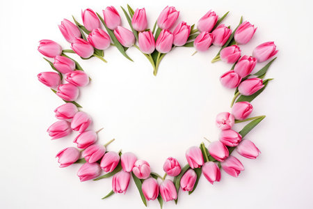 Frame Of Pink Tulips On White Background, Top View, Empty Space In The Centerの素材