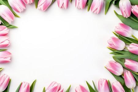 Frame Of Tulips On White Background, Top View, Empty Space In The Centerの素材
