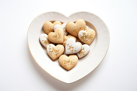 White Heart Shaped Plate With Cookies On White Backgroundの素材
