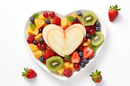 White Heart Shaped Plate With Fruit Salad On White Backgroundの素材