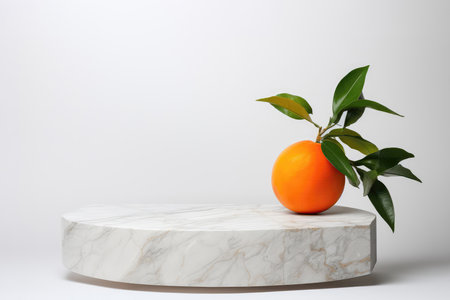 Empty White Podium Stone On White Background, Oranges Next To It. Mock Up For Cosmetic Productsの素材