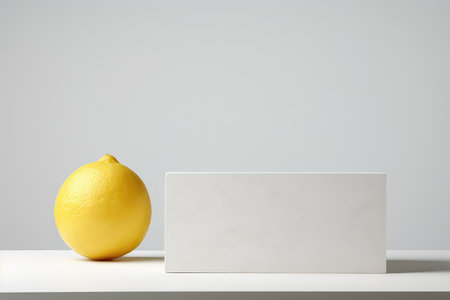 Empty White Podium Stone On White Background, Lemon Next To It. Mockup For Cosmetic Productsの素材