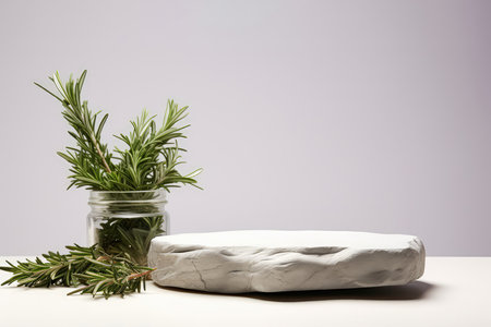 Mockup For Cosmetics. Empty White Podium Stone On White Background, Rosemary Next To Itの素材