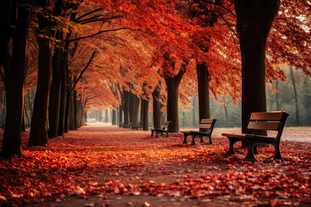 Park Covered In Blanket Of Fallen Red And Golden Leavesの素材