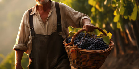 Farmer Carrying Basket Full Of Freshly Picked Grapesの素材