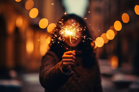 Blurred Background Of Woman Holding Burning Christmas Sparklerの素材
