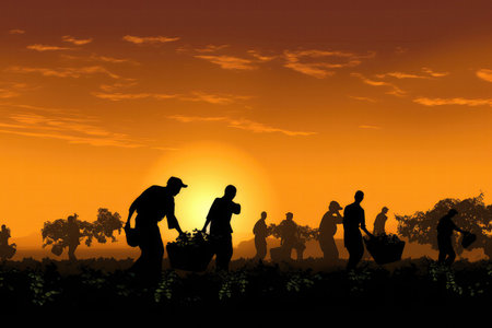 Silhouettes Of People Carrying The Grape Harvest At Sunsetの素材