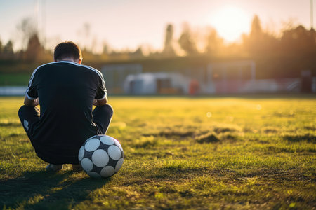 Soccer Player With His Head Down Sits On Soccer Field With Green Grass Near Soccer Ball, Rear View. A Frustrated Playerの素材