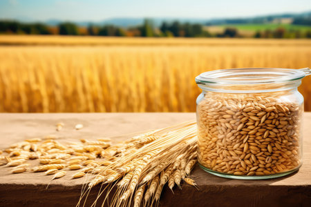 Farro Grains In Container Against Background Of Farro Fieldsの素材