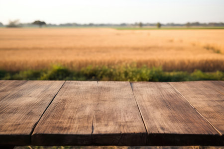 Rustic Empty Tabletop Against Defocused Field Of Rice. Mock Up With Space For Your Productの素材