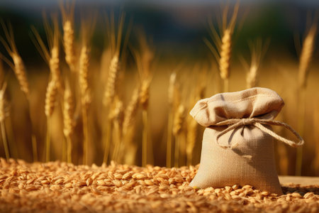 Bulgar Wheat Pearls In Pouch Against Backdrop Of Bulgur Wheat Fieldsの素材