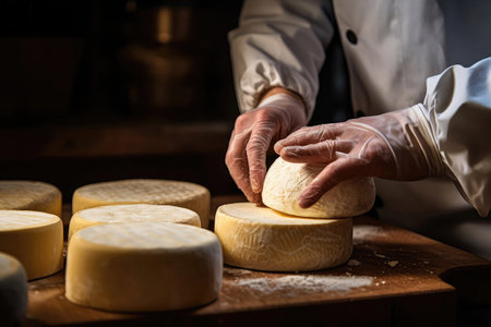 Hands Of Chef Men Taking Cheese Into The Cheese Ripening Vault Closeupの素材