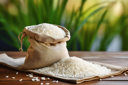 White Rice In Bag On Background Of Rice Plants With Empty Spaceの素材