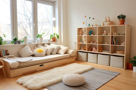 Montessori-inspired Playroom With Low Shelves And Soft Rugsの素材