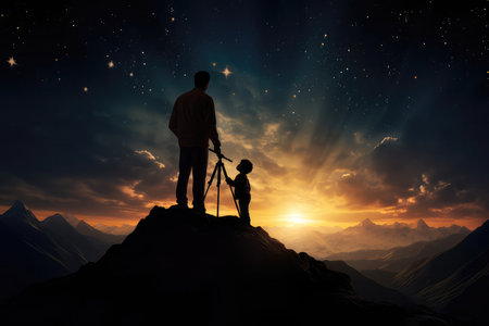 Silhouette Of Man And Child Looking At The Stars Through Telescopeの素材
