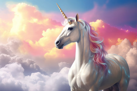 White Unicorn In The Clouds With Rainbow, Ultra Realisticの素材