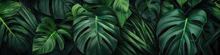 Pattern Green Tropical Forest, Leaves Closeup. Panoramic bannerの素材