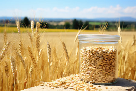 Pearl Barley Grains In Container Amidst Barley Fieldsの素材