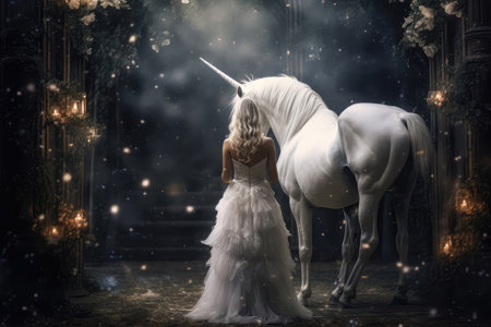 White Unicorn With Wings Beside Stands Woman In White Dress Rear Viewの素材