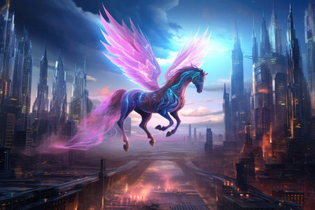 Digital Art Cyberpunk Cityscape With Holographic Pegasusの素材