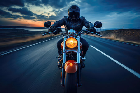Motorcycle With Motorcyclist Wearing Closed Helmet Riding On An Empty Road In The Blue Hour Wide Angleの素材
