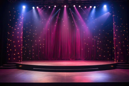 Stage Podium With Spotlights And Shimmering Curtain Backdropの素材