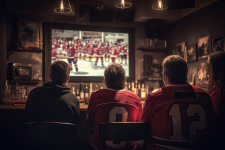 Fans Watching Hockey At Bar, Rear Viewの素材