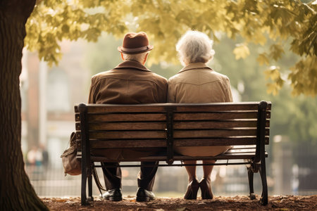 Elderly Man And Woman Reminiscing Hand In Hand At Their Favorite Park Bench, Rear View. Nostalgia Of Aging Together, The Joy Of Sharing Memoriesの素材