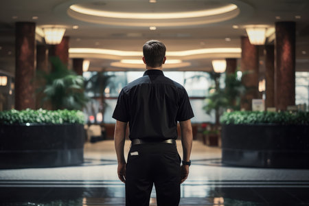 Security Guard In Black Stands With His Back To Hospitalsの素材
