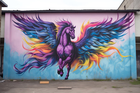 Modern Street Art Mural Pegasus In Vibrant Colorsの素材