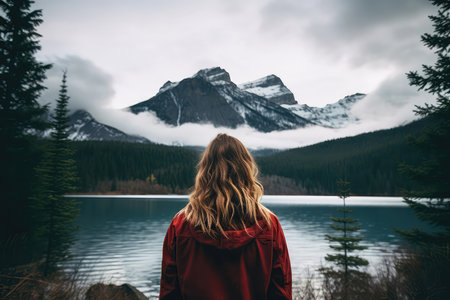 Woman Against Background Of Lake And Rocky Mountains, Rear Viewの素材