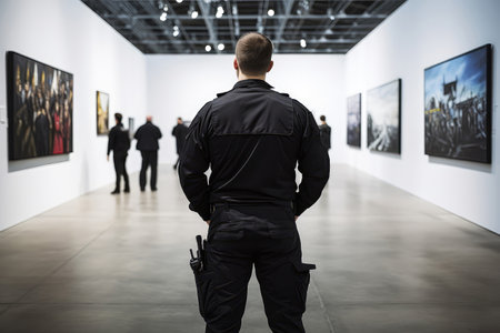 Security Guard In Black Stands With His Back To Art Galleriesの素材